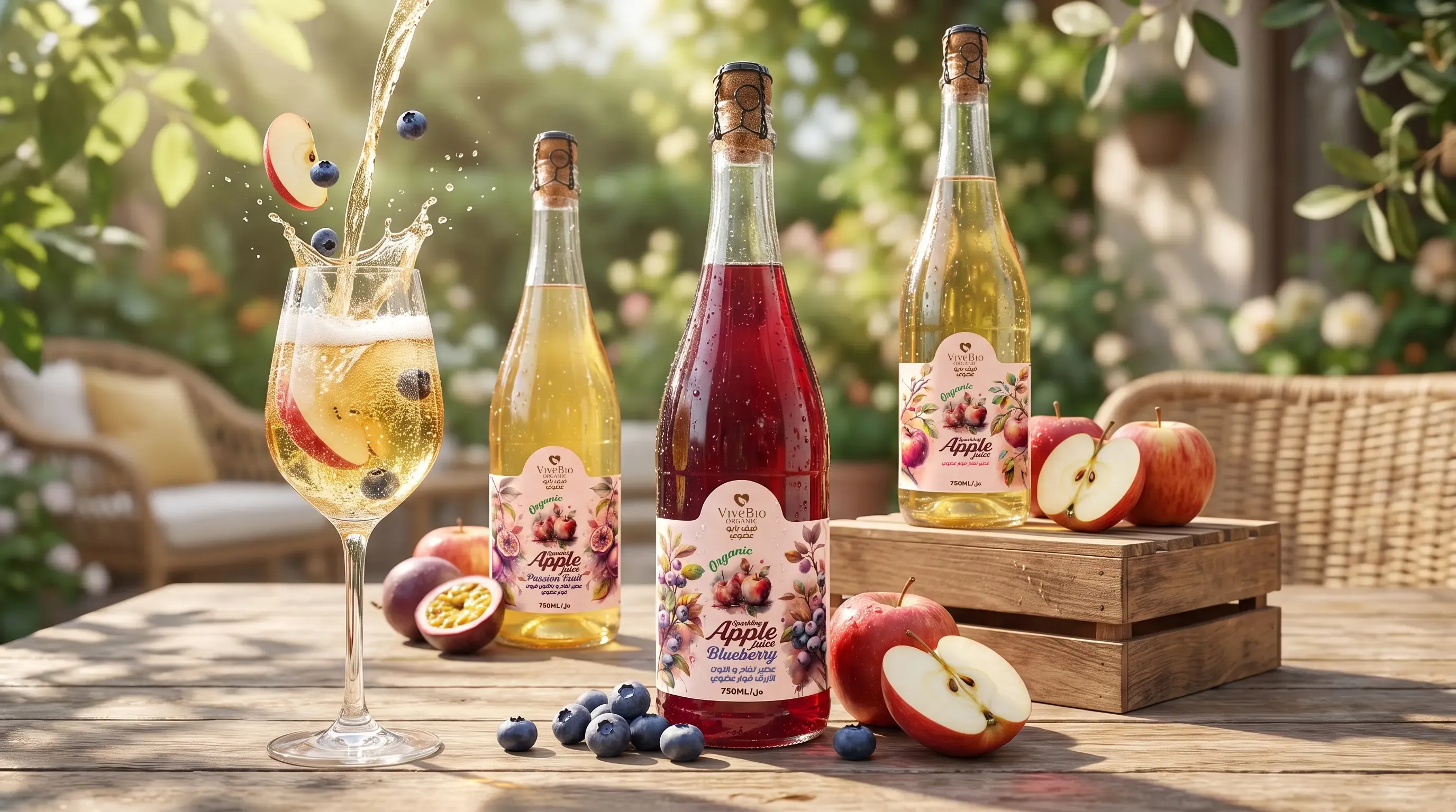 ViveBio organic sparkling apple juices with passion fruit and blueberry