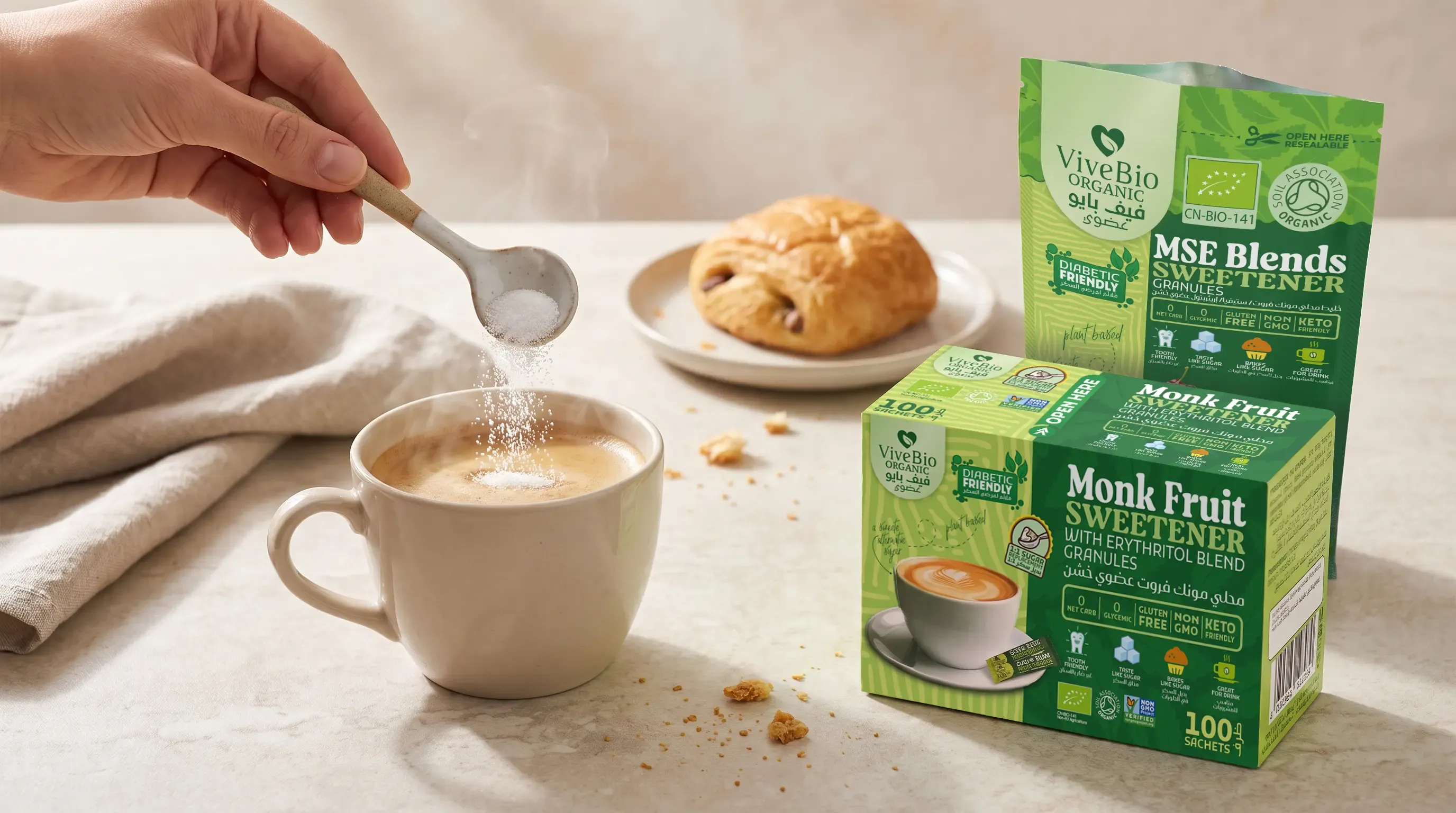 ViveBio organic monk fruit sweetener and sweetener blend beside a morning coffee