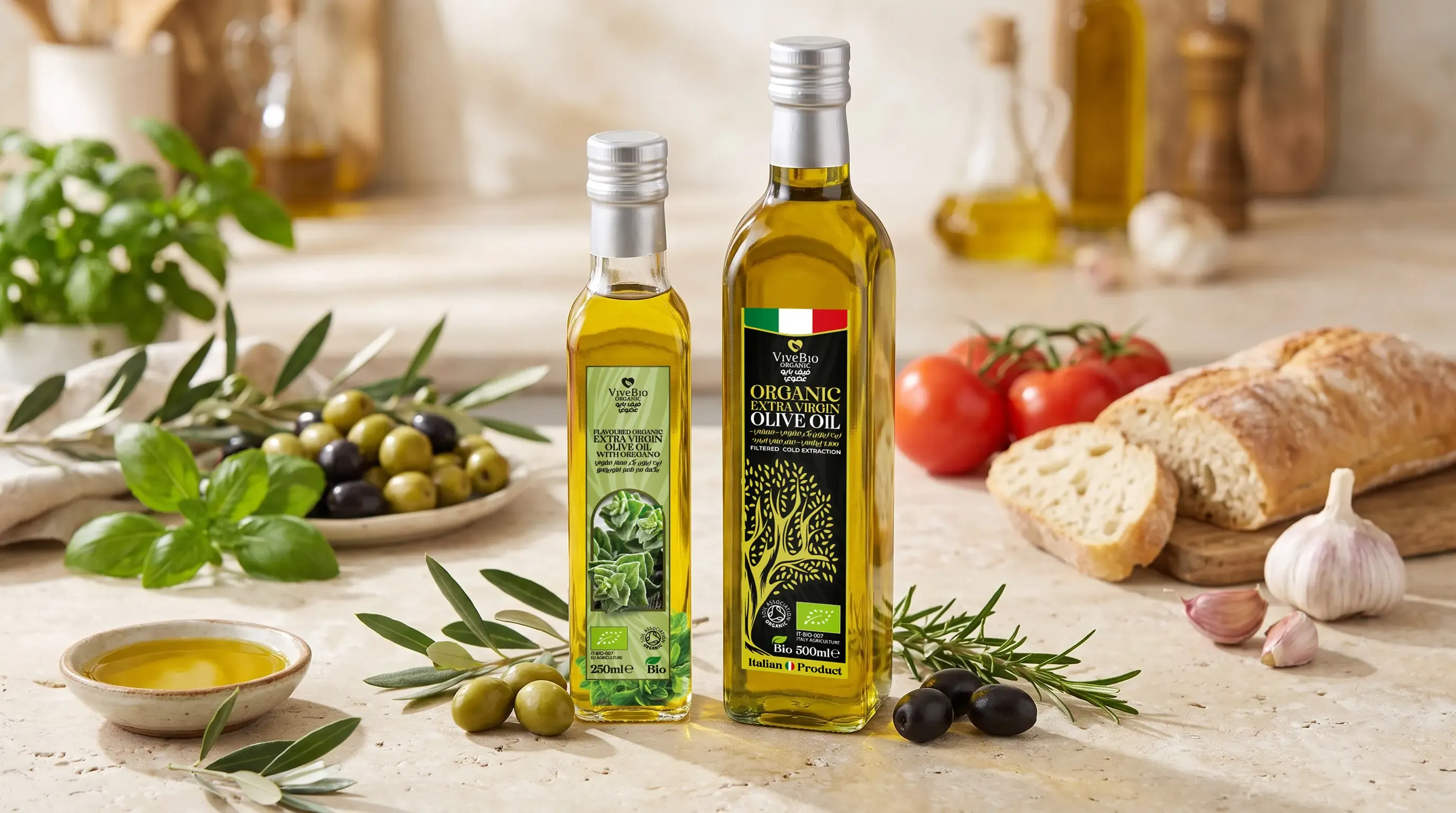 ViveBio organic extra virgin olive oils, plain and with oregano