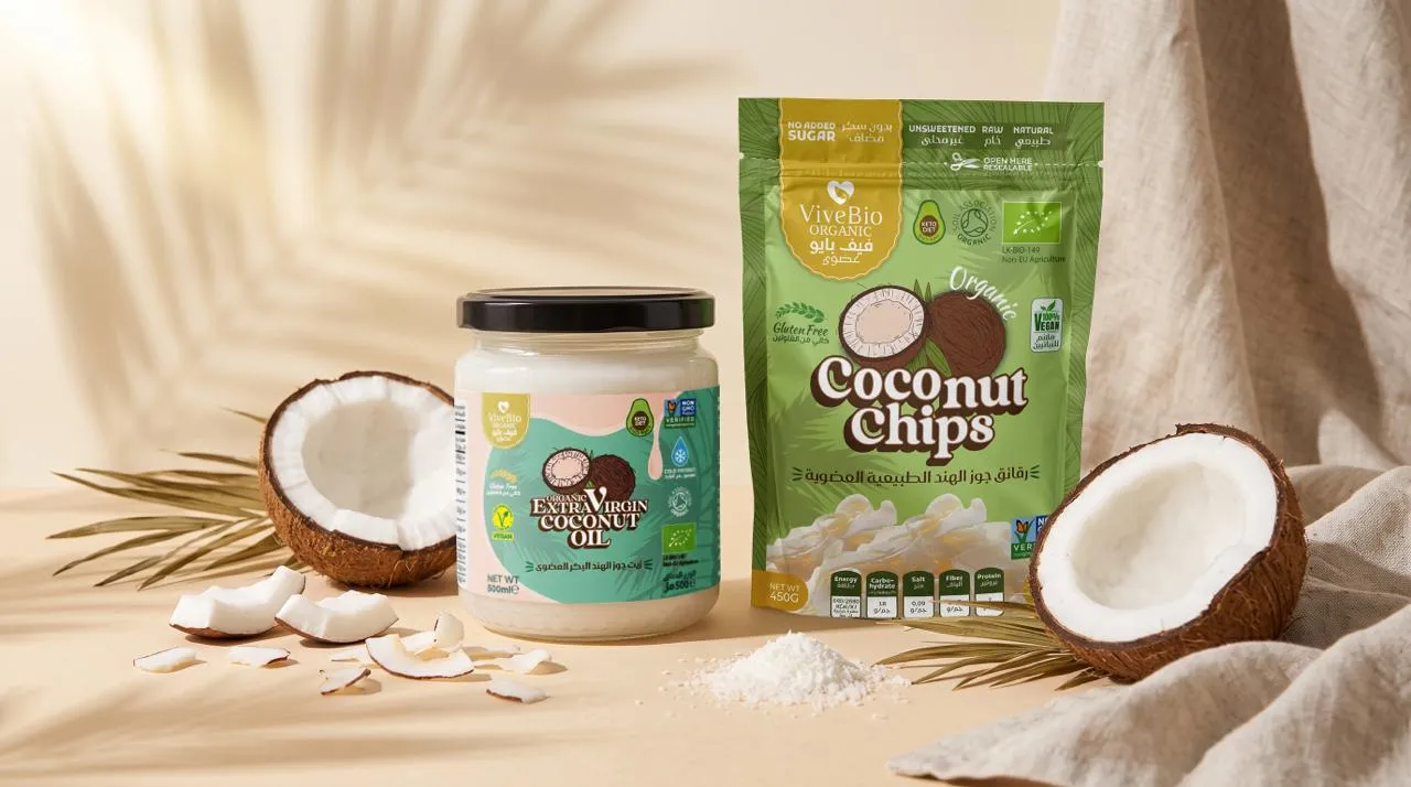 ViveBio organic extra virgin coconut oil and coconut chips