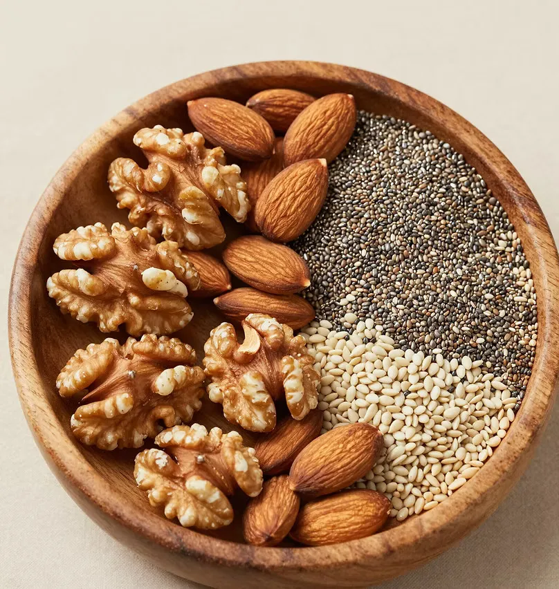Bowl of walnuts, almonds, chia and sesame seeds