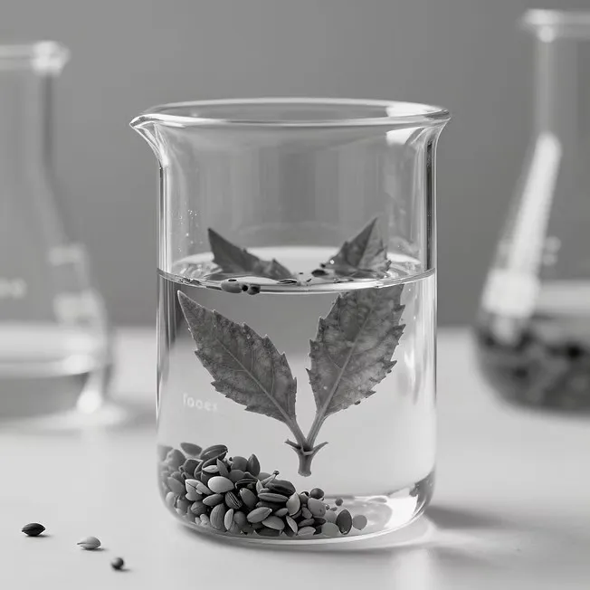 Glass beaker of water holding leaves and seeds