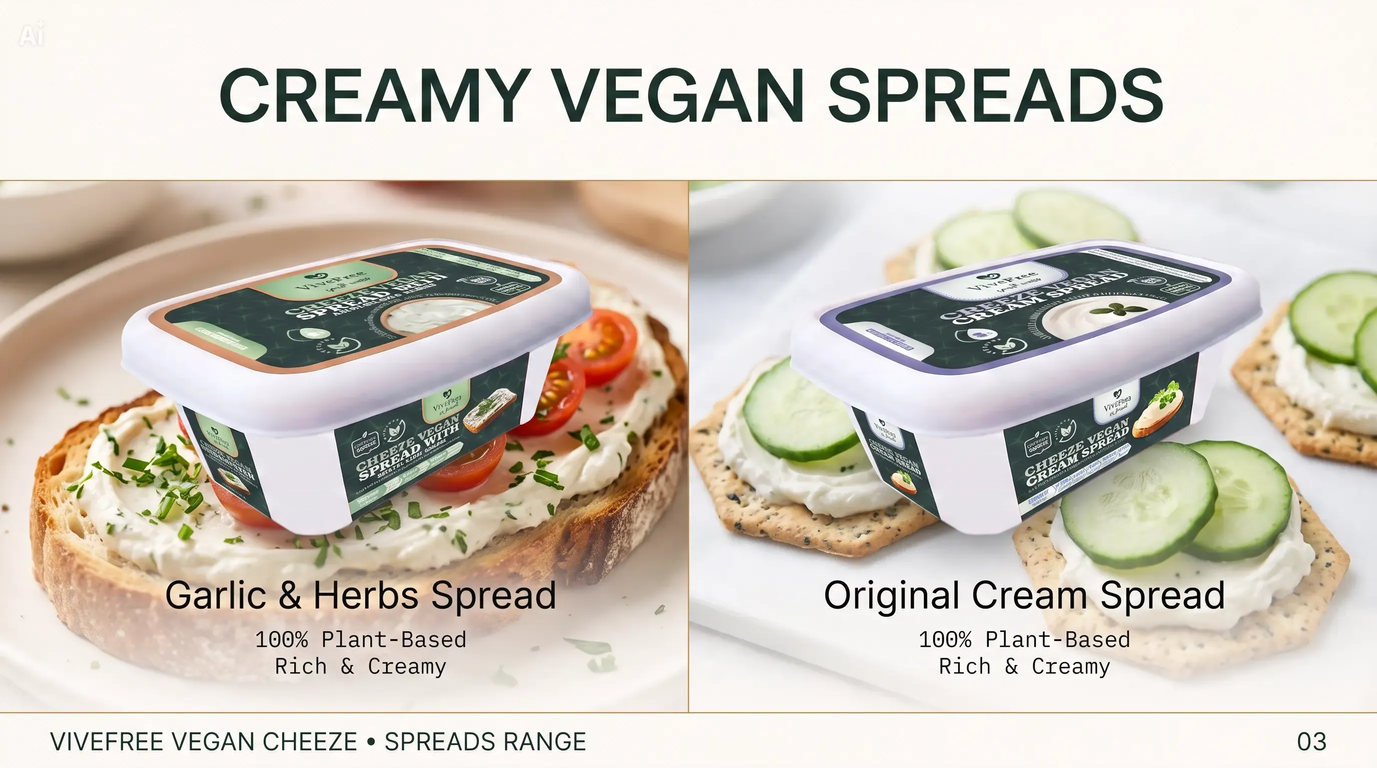 Creamy vegan spreads: Vive Free garlic and herbs spread and original cream spread, 100% plant-based, rich and creamy
